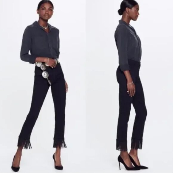 MOTHER High Waisted Rascal Crop Fray Jeans in The Whip Black Fringe Hem 24 - Picture 1 of 16